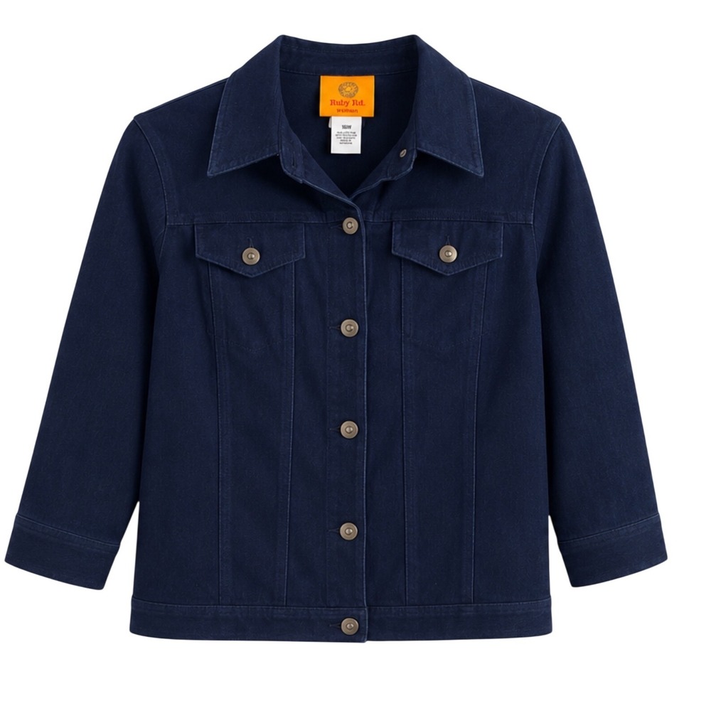 Ruby Rd Woman Dark Indigo Denim Jacket Size 16W Stretch Cotton Blend Button Up